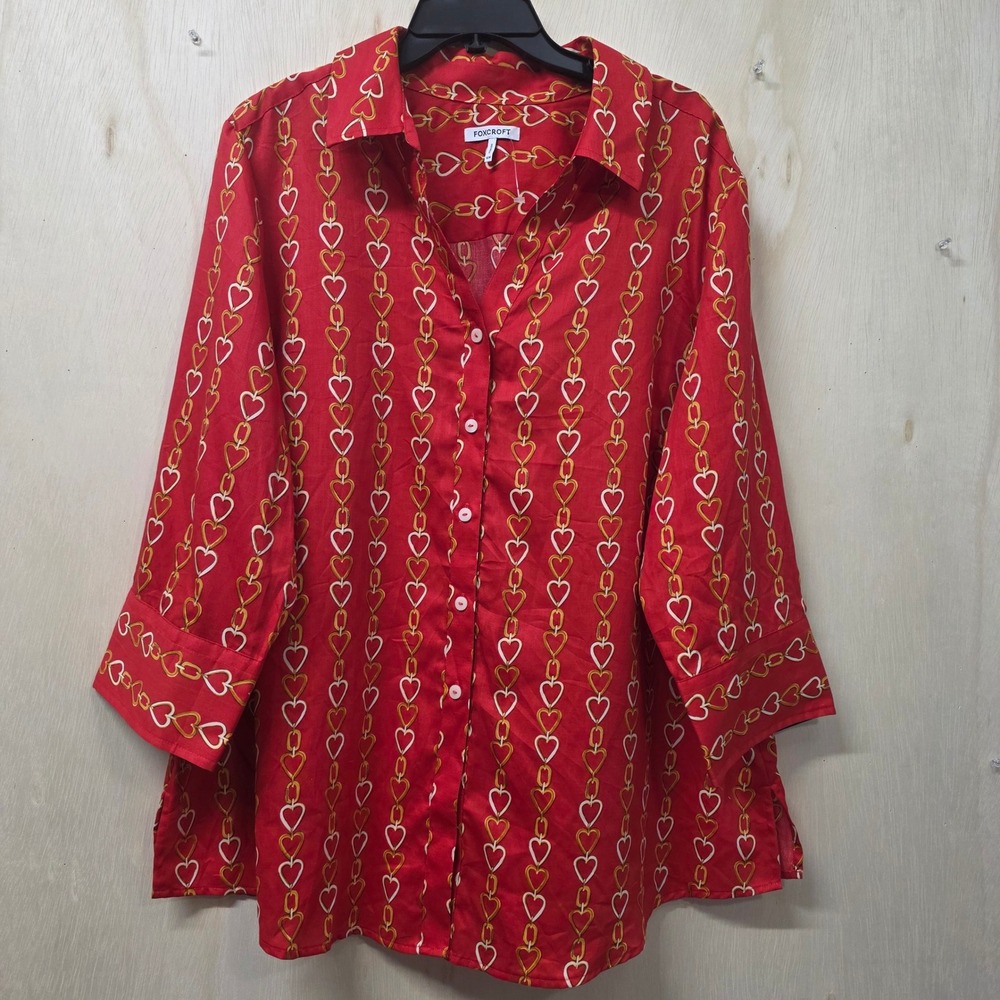 Foxcroft Red Heart Chain Print Cotton Button Down Shirt Blouse Womens 16W